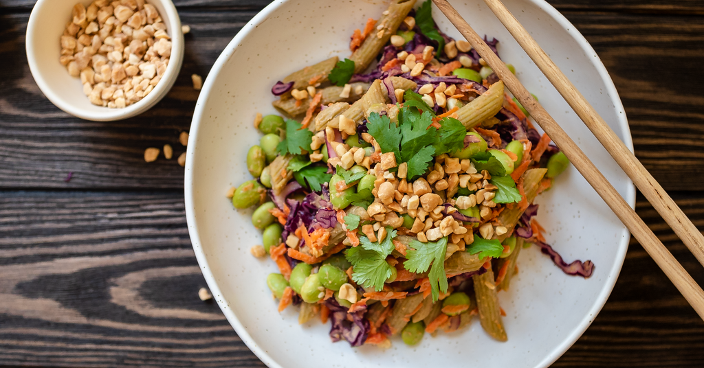Cabbage Carrot +Greens Penne Noodle Salad with Peanut Dressing